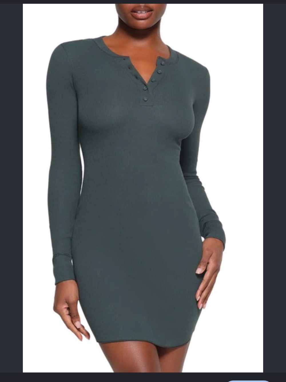 SKIMS Rib Long Sleeve Henley Minidress – Spruce/Charcoal, Size M